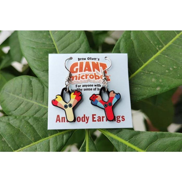 Antibody earrings on leaves