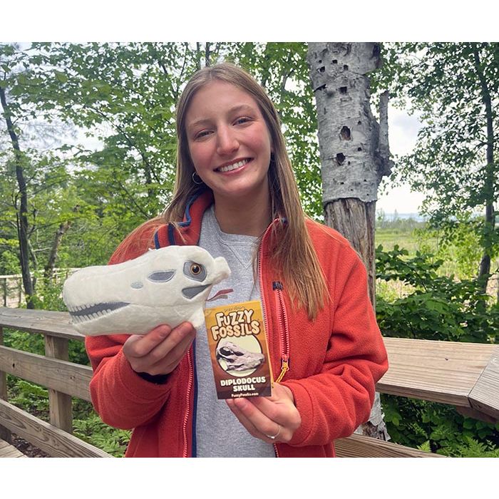 Diplodocus plush in hand